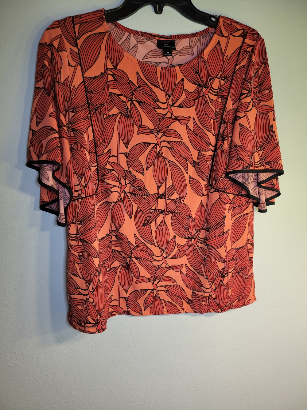 Worthington Coral Leaf-Print Flutter-Sleeve Blouse with Black Trim